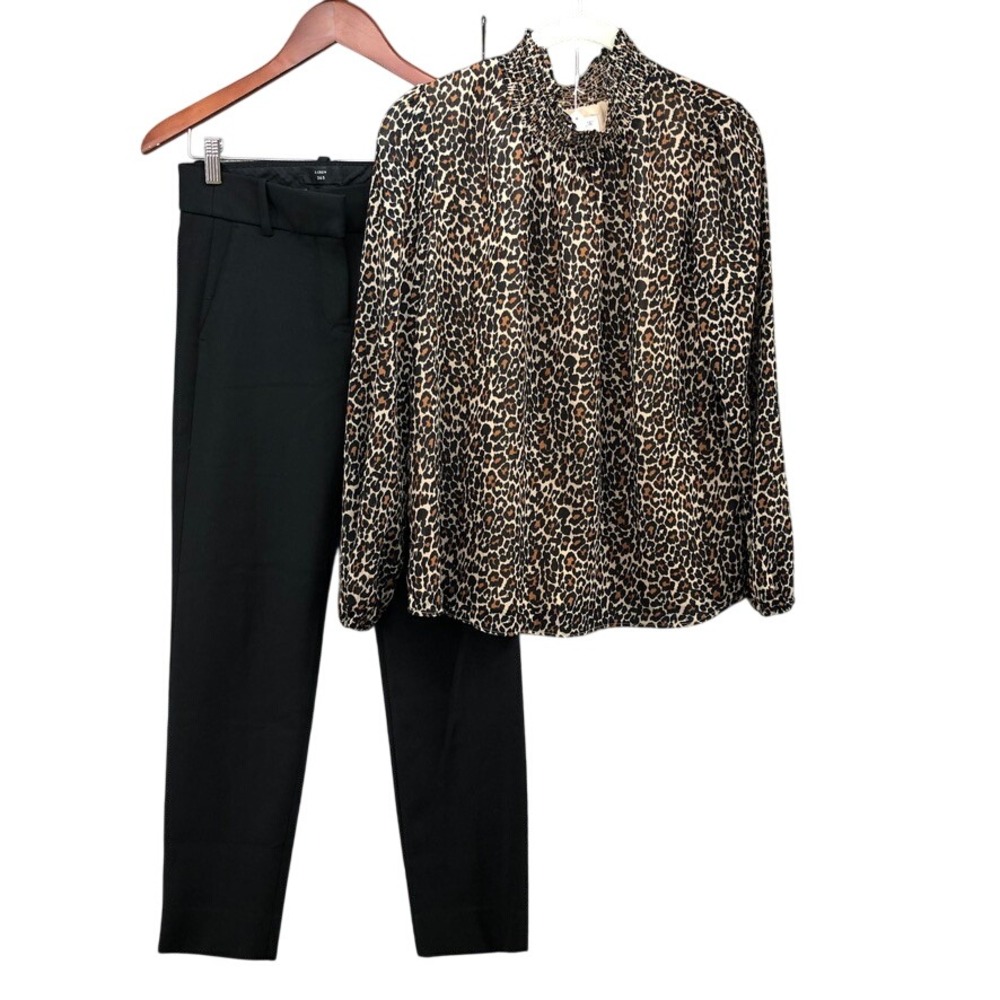 J.Crew Outfit Womens 0 XS Black Cameron Pant Leopard Smocked Neck Blouse